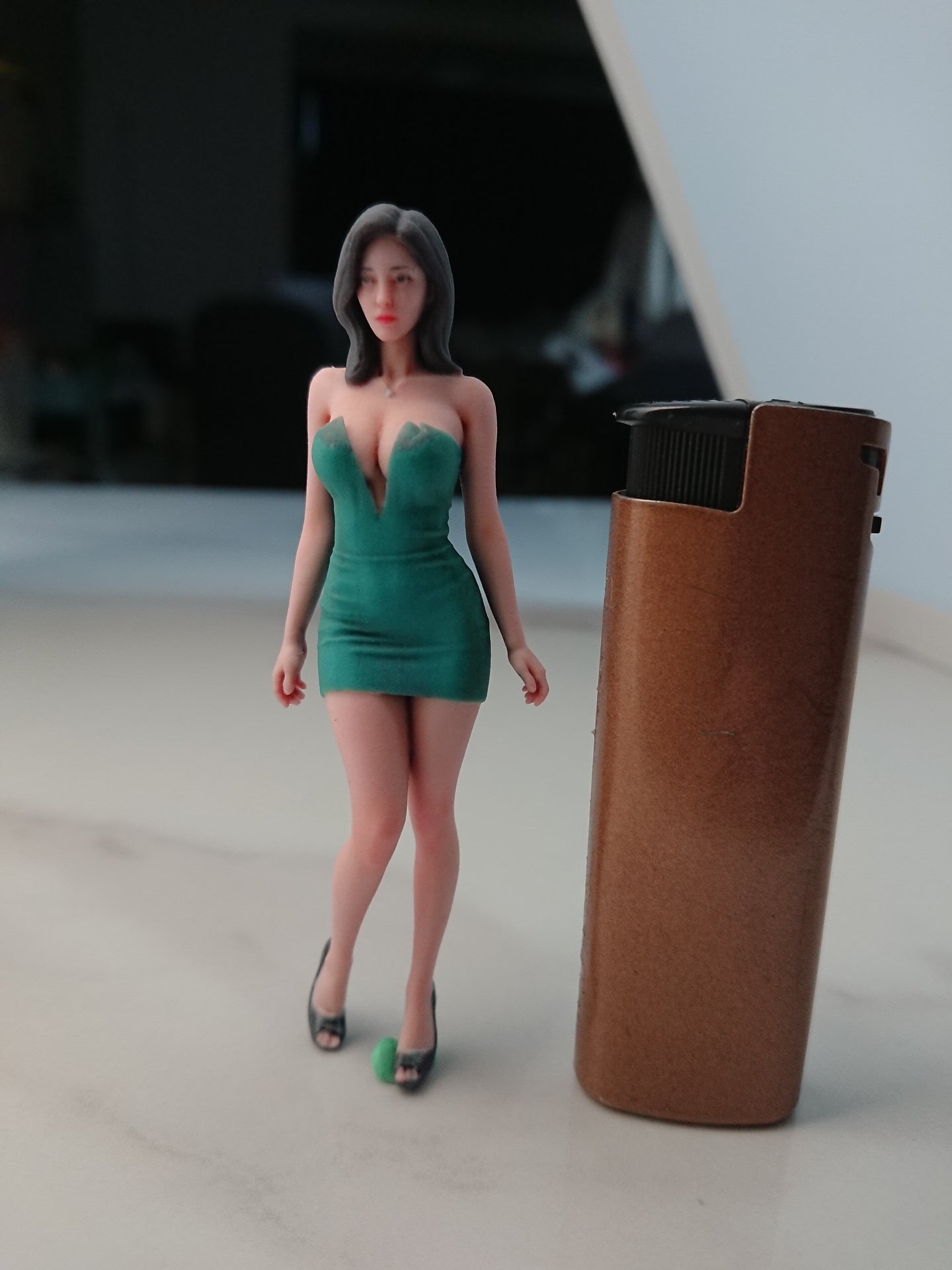 Realistic miniature model of a beautiful woman in a deep V-neck dress, 1/18 scale, 1/16 scale.